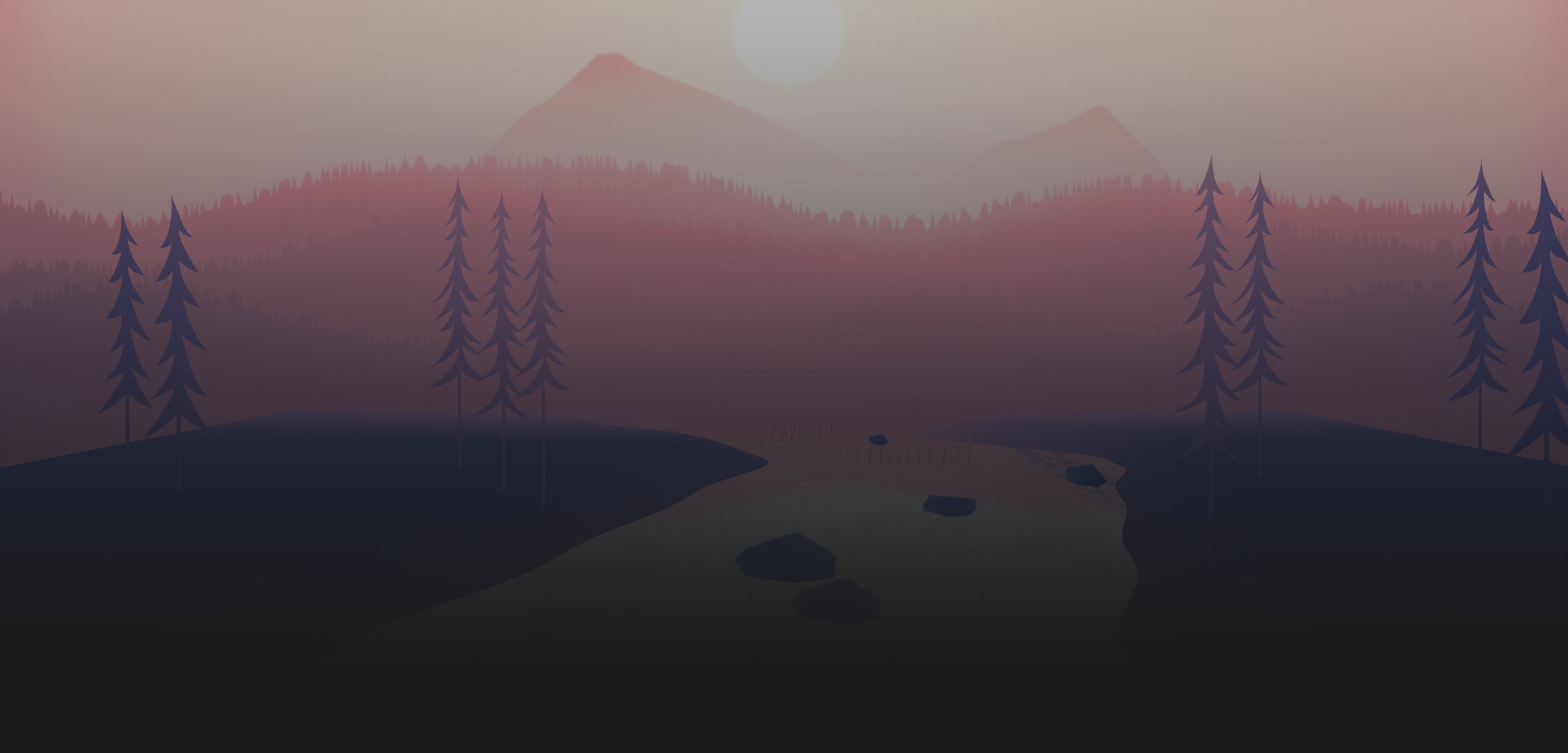 Illustration of a landscape containing mountains, trees, and a river